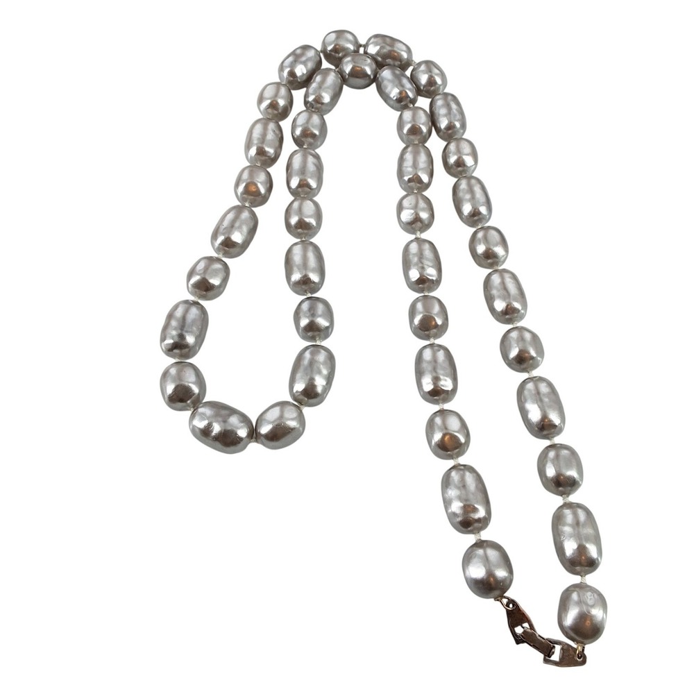 Vintage Silver Metallic‎ Baroque Faux Pearl Statement Necklace 30" Knotted
